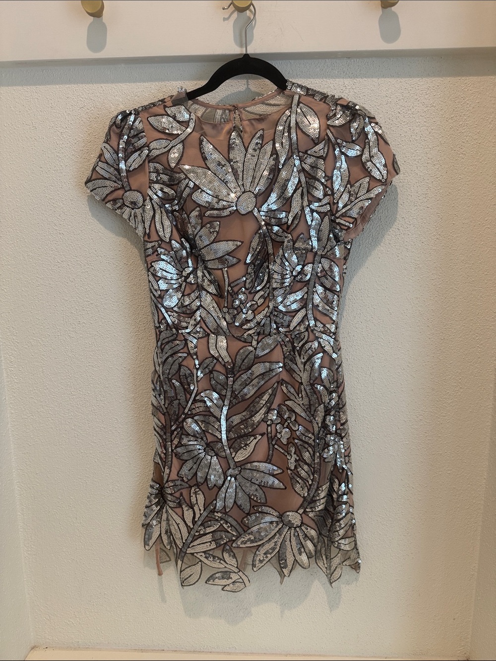 Milly Nude Mini Dress with Silver Sequin Floral Appliqué